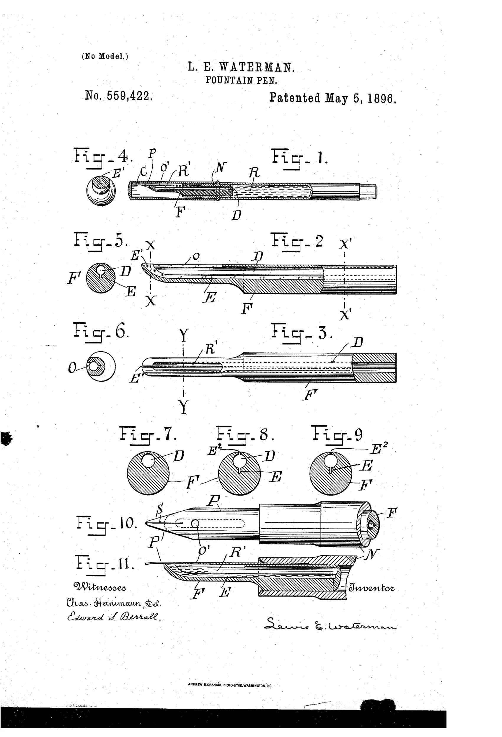 Technical patent drawing of a fountain pen's feed-bar mechanism, showing longitudinal and cross-sectional views labeled with letters D, E, F, N, O, P, R marking the duct, capillary fissure, reservoir, nozzle, and nib, with the inventor's signature 'Lewis E. Waterman' at bottom.