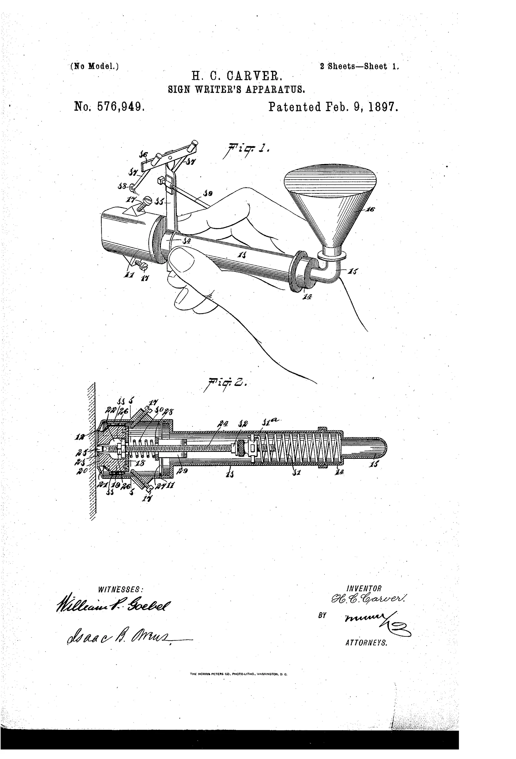 Patent drawing of a hand gripping a cylindrical pen-like sign-writing apparatus, its handle-tube curving via an elbow up to an inverted conical liquid reservoir, with a rolling guide caster arm extending outward for steadying the tool on a surface.