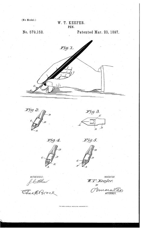 Patent drawing showing a hand writing with a dip pen above four detailed close-up views of the pen-point nib labeled A through F, illustrating a rolled metal tongue forming a small ink reservoir near the tip.