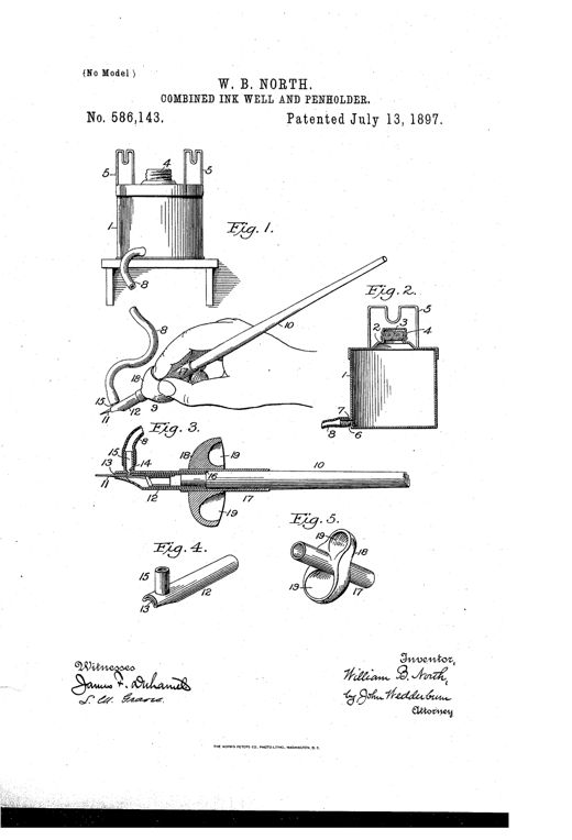 Patent drawing showing an ink-well with brackets connected via a curved rubber tube to a penholder whose handle has a sliding sleeve with finger recesses, alongside a hand holding the pen and detail views of the tubular cap and sleeve.