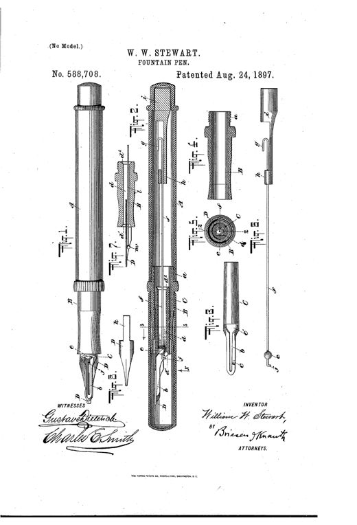 Patent drawing showing eight labeled cross-sectional and detail views of a fountain pen, including the assembled holder, nib, feeder-bar with angular bore, and a small rubber ball on a wire used to regulate ink flow.