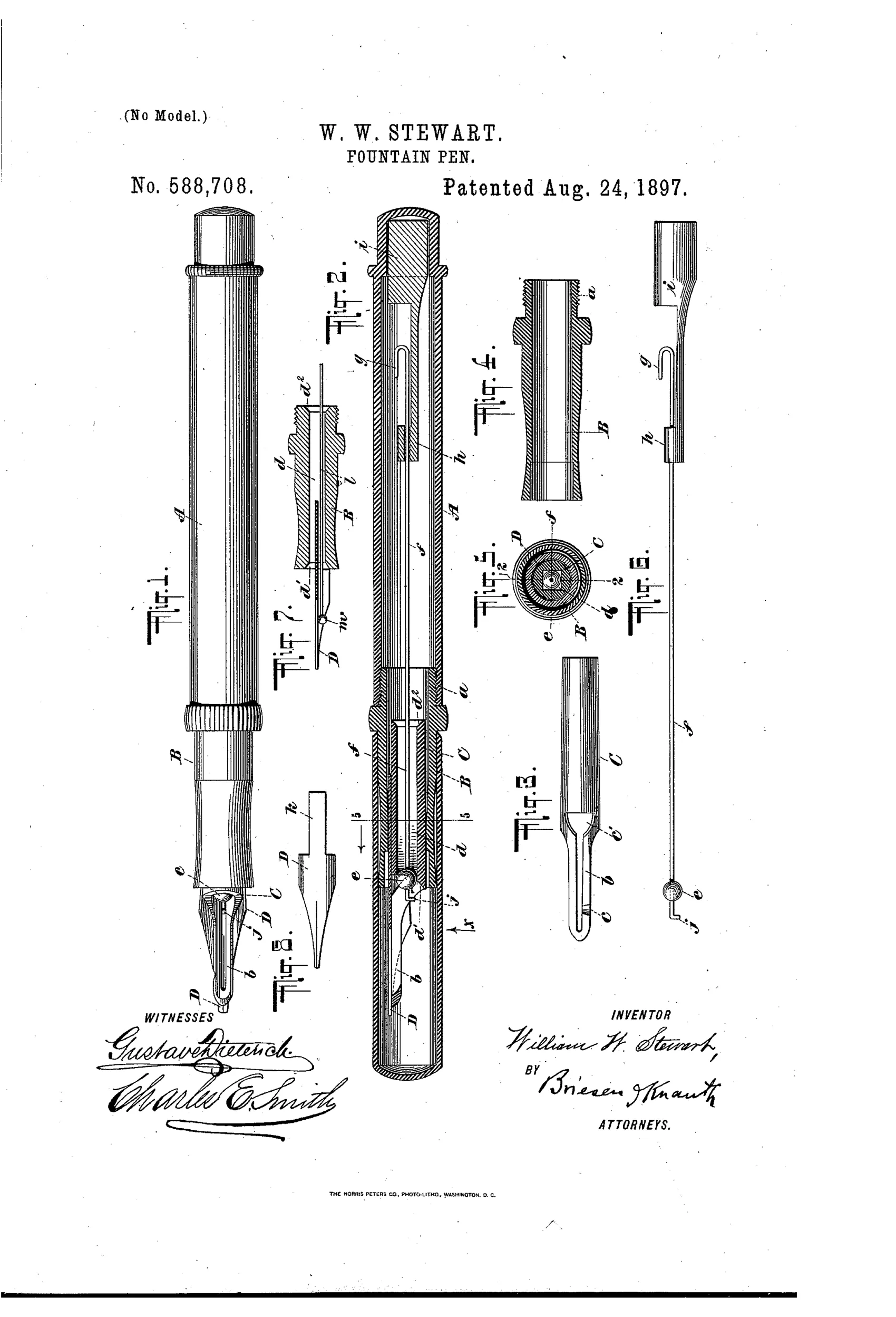 Patent drawing showing eight labeled cross-sectional and detail views of a fountain pen, including the assembled holder, nib, feeder-bar with angular bore, and a small rubber ball on a wire used to regulate ink flow.