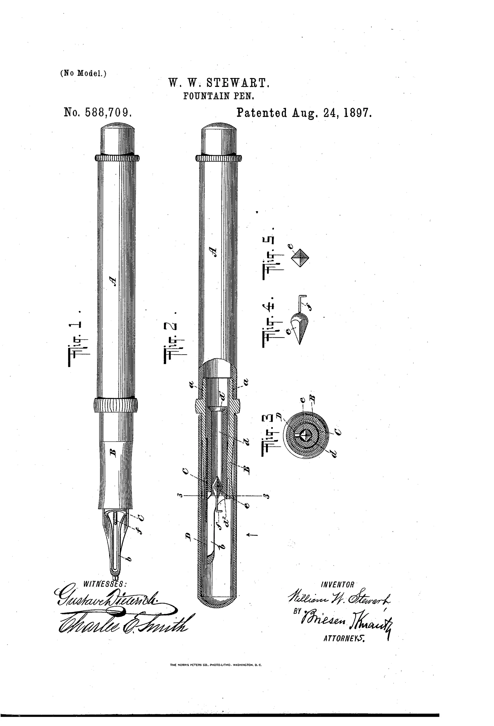 Patent drawing of a hard rubber fountain pen showing the assembled pen with nib in Figure 1, a cross-sectional side view revealing the internal feeder-bar and diamond-shaped obstruction plug in Figure 2, a circular cross-section in Figure 3, and two views of a modified pyramidal obstruction plug with a hook-like finger extension in Figures 4 and 5.