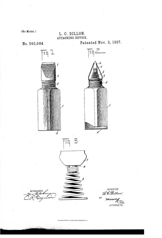 Patent drawing showing a screw-capped bottle with a wedge-shaped tip containing a spring-loaded valve, alongside an enlarged detail of the conical spring and valve mechanism.