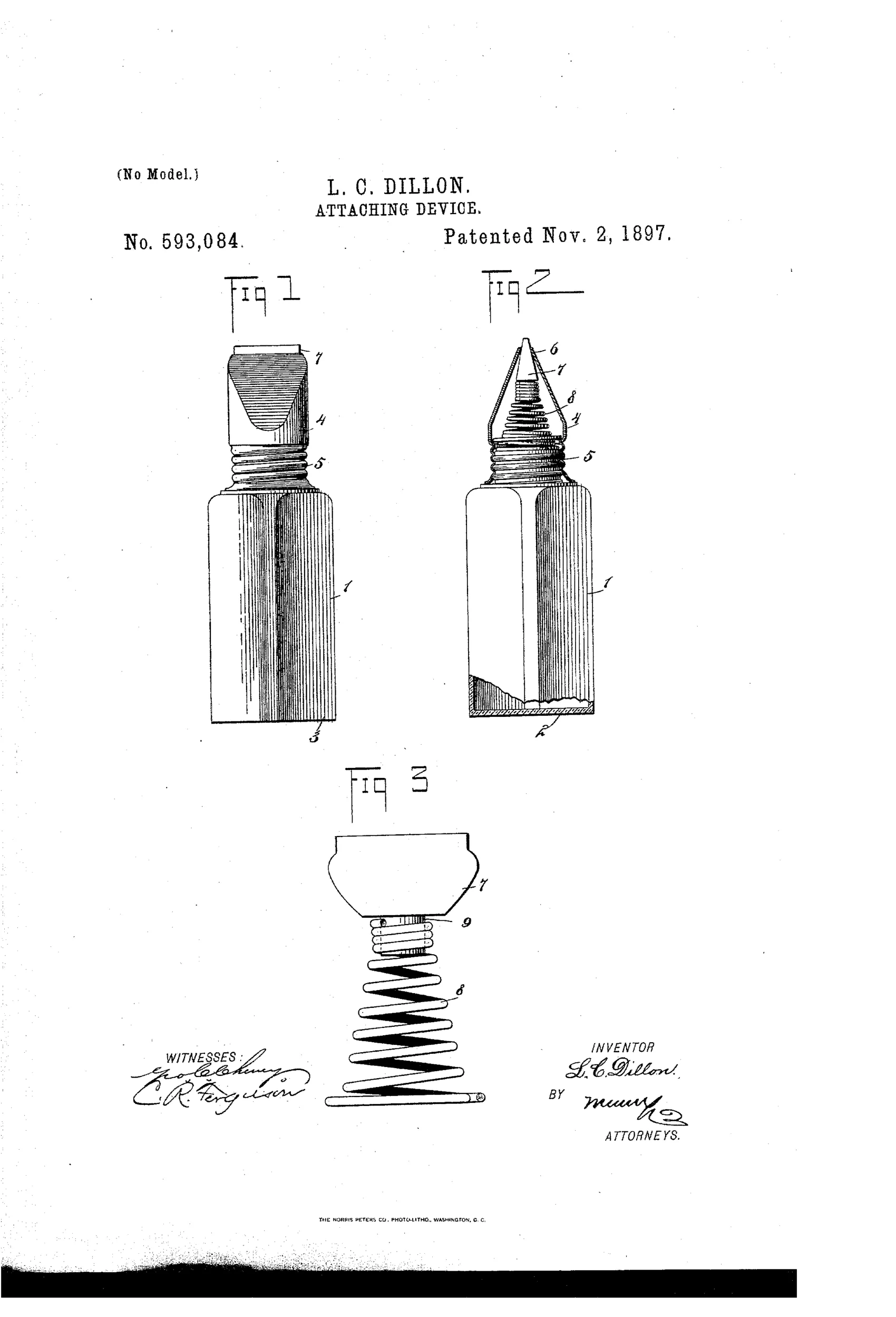 Patent drawing showing a screw-capped bottle with a wedge-shaped tip containing a spring-loaded valve, alongside an enlarged detail of the conical spring and valve mechanism.