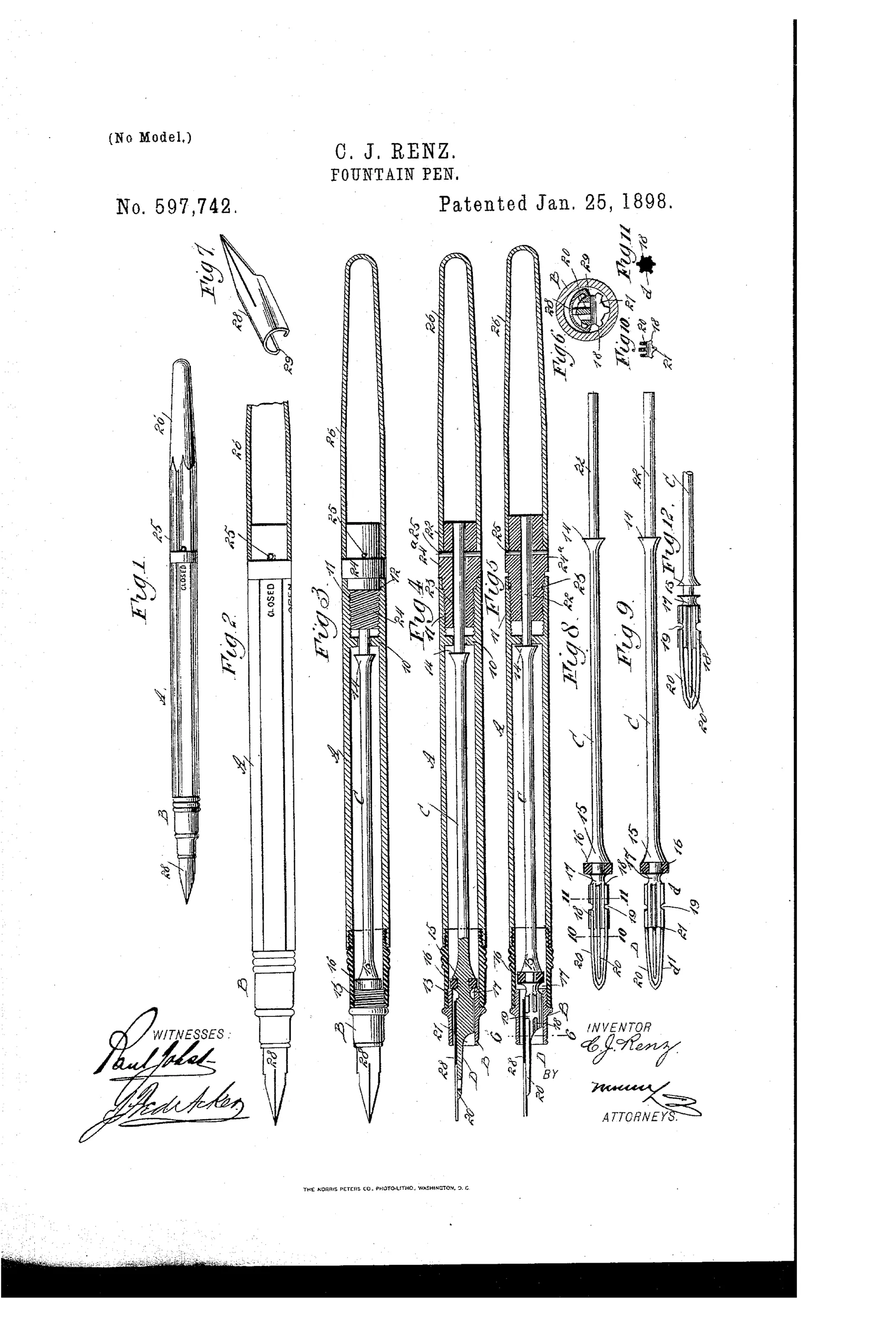 Patent drawing showing twelve figures of a fountain pen including full-length views, cross-sections of the barrel and valve stem, an enlarged nib perspective, and detailed plan views of the feeder and regulating valve mechanism.
