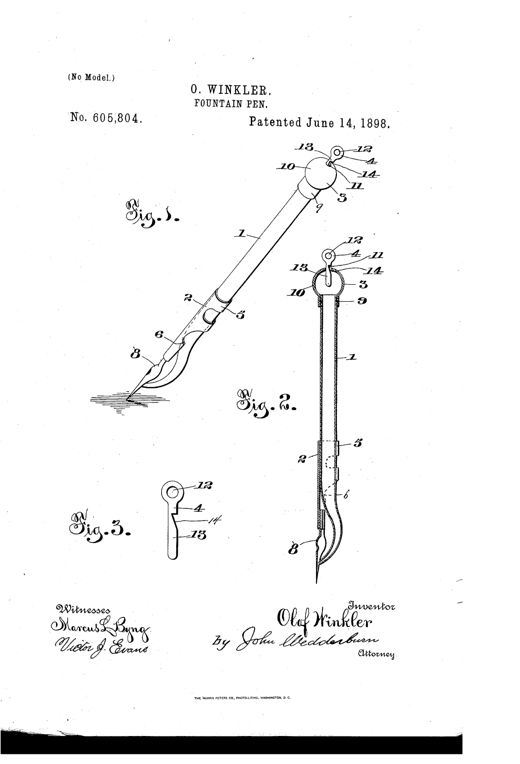 Patent drawing of a fountain pen showing a full perspective view with numbered parts, a cross-section revealing the glass ink reservoir and rubber bulb cap, and a detailed view of the small adjustable air-inlet plug valve.