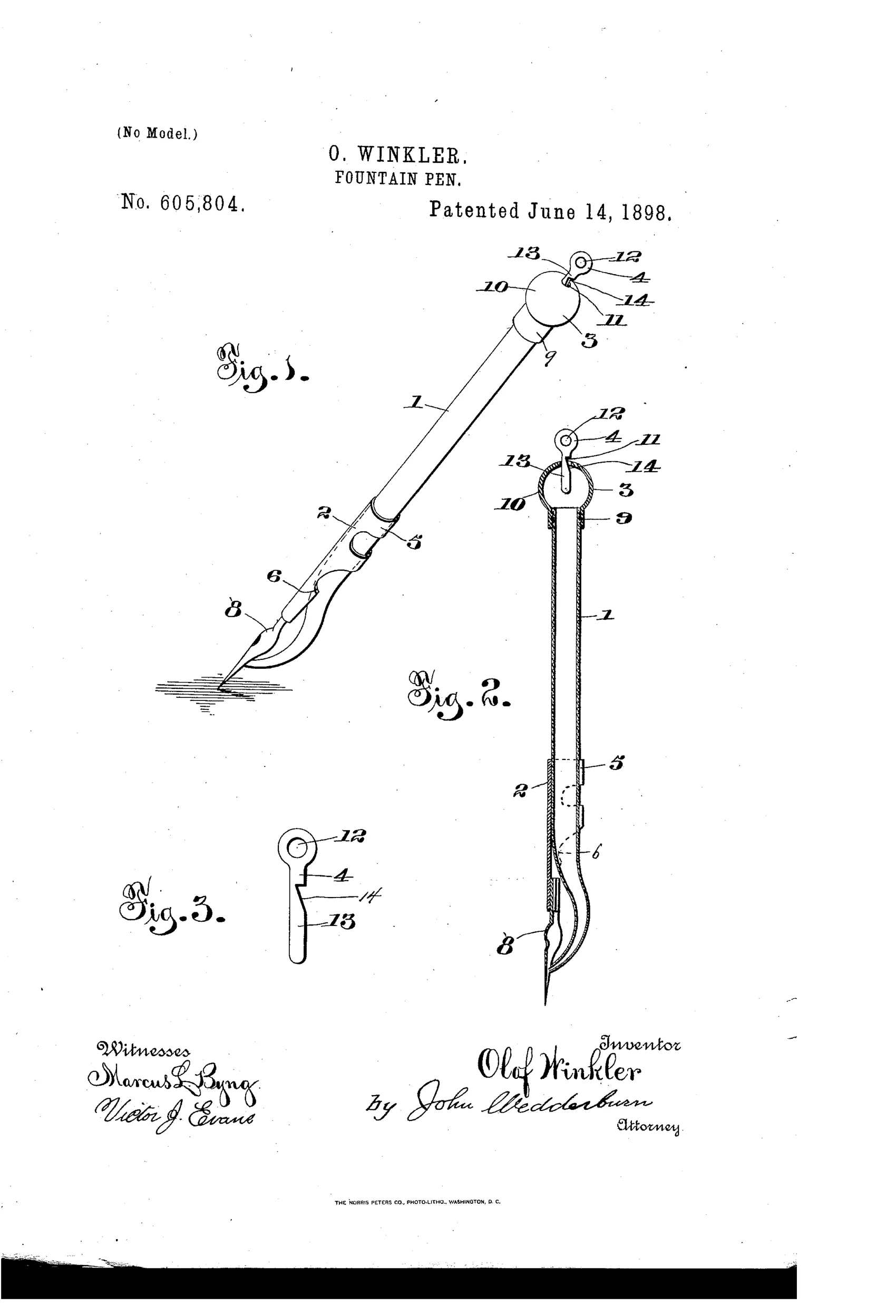 Patent drawing of a fountain pen showing a full perspective view with numbered parts, a cross-section revealing the glass ink reservoir and rubber bulb cap, and a detailed view of the small adjustable air-inlet plug valve.
