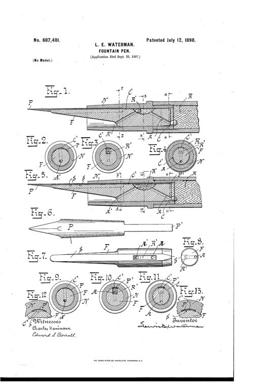 Patent drawing showing a longitudinal cutaway of a fountain pen nib, feed-bar, and nozzle with labeled internal channels and a secondary ink reservoir, along with multiple cross-sectional views of the pen and feed-bar assembly.