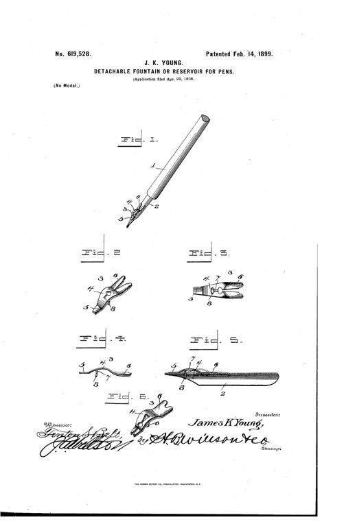 Line drawing of a dip pen with a clamp-like metal fountain reservoir clipped over the nib, shown from several angles including a full pen view, top, bottom, edge, and cross-section.