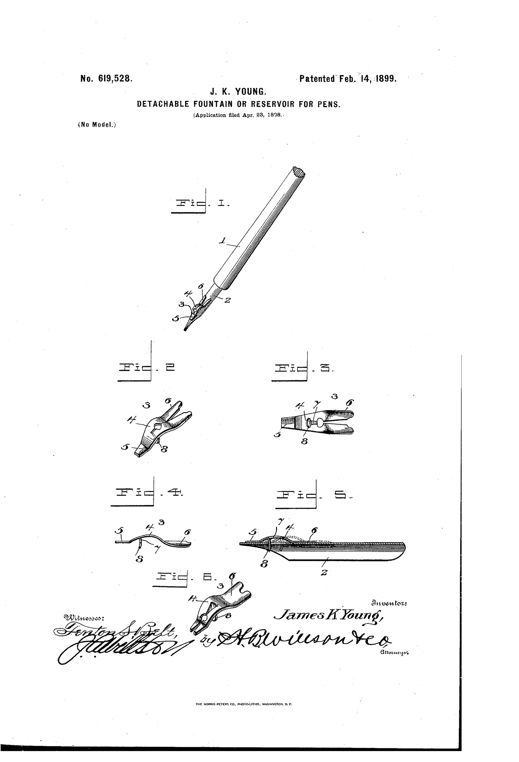 Line drawing of a dip pen with a clamp-like metal fountain reservoir clipped over the nib, shown from several angles including a full pen view, top, bottom, edge, and cross-section.