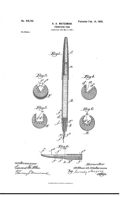 Patent drawing of a fountain pen shown in longitudinal cross-section with a tapered cap, hard rubber body, and a detailed feed-bar containing a grooved ink duct, alongside five smaller circular cross-sections labeled Fig. 3 through Fig. 6 illustrating variations of the feed duct with tiny conical storage pits.