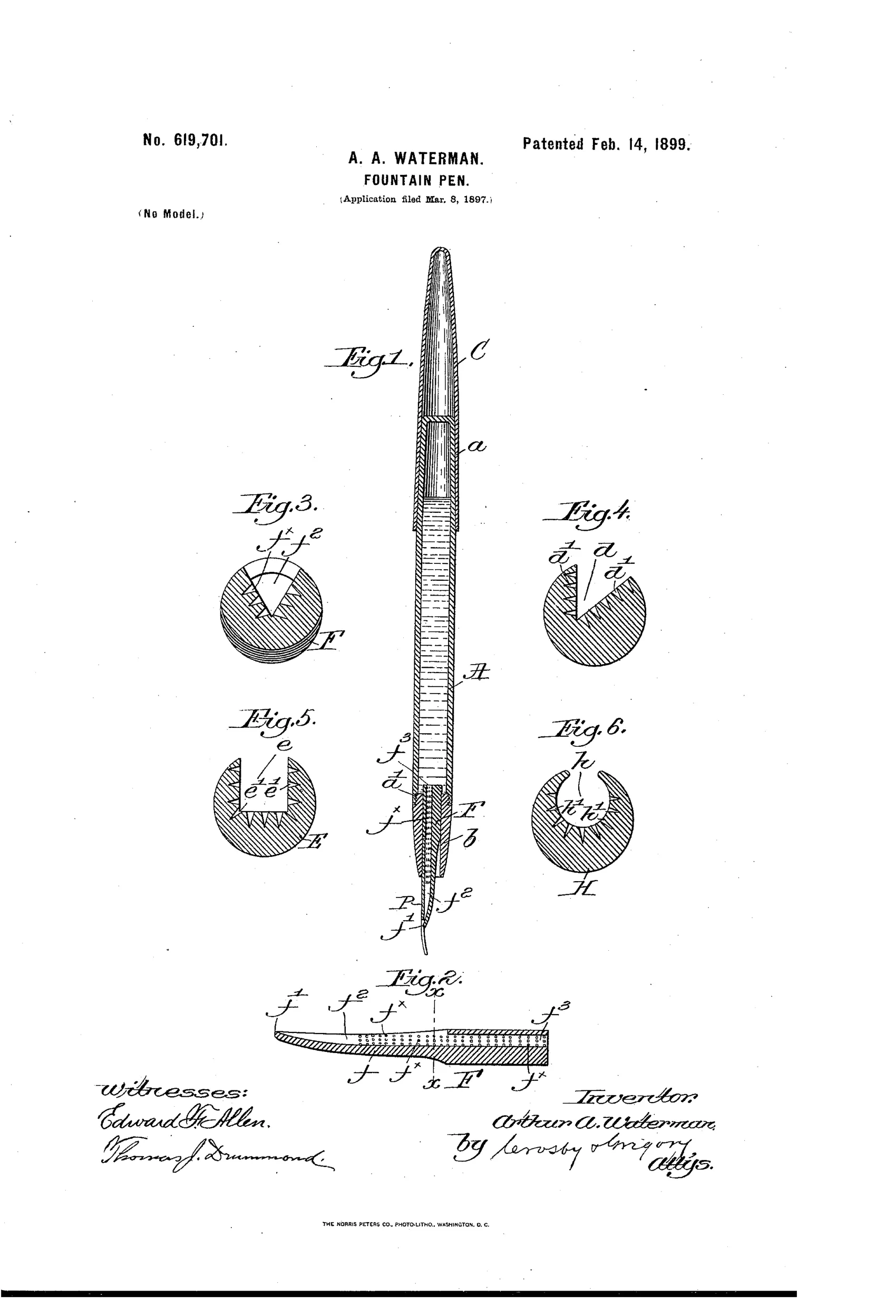 Patent drawing of a fountain pen shown in longitudinal cross-section with a tapered cap, hard rubber body, and a detailed feed-bar containing a grooved ink duct, alongside five smaller circular cross-sections labeled Fig. 3 through Fig. 6 illustrating variations of the feed duct with tiny conical storage pits.