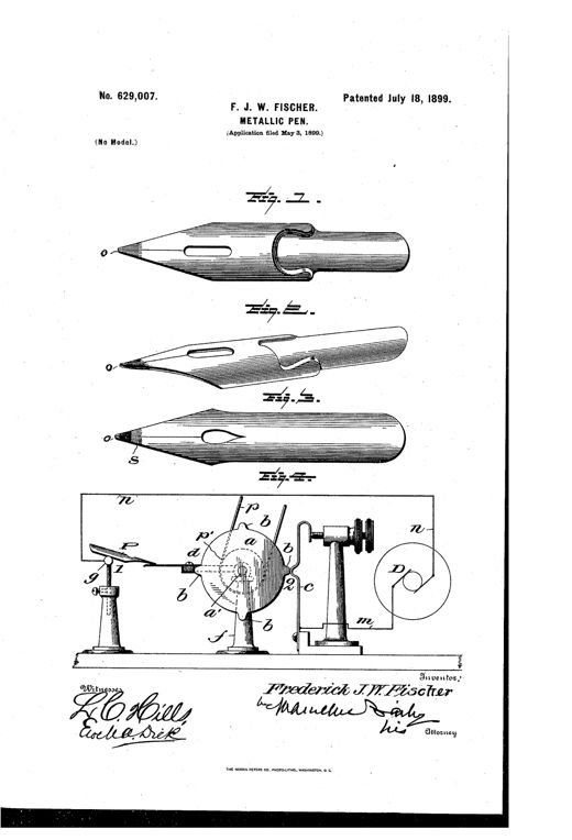 Patent drawing showing three views of a steel dip pen nib with a hardened glass-hard tip, plus a diagrammatic side elevation of an electrical apparatus with a rotating contact disk, dynamo, and support stands used to heat-treat the pen point.