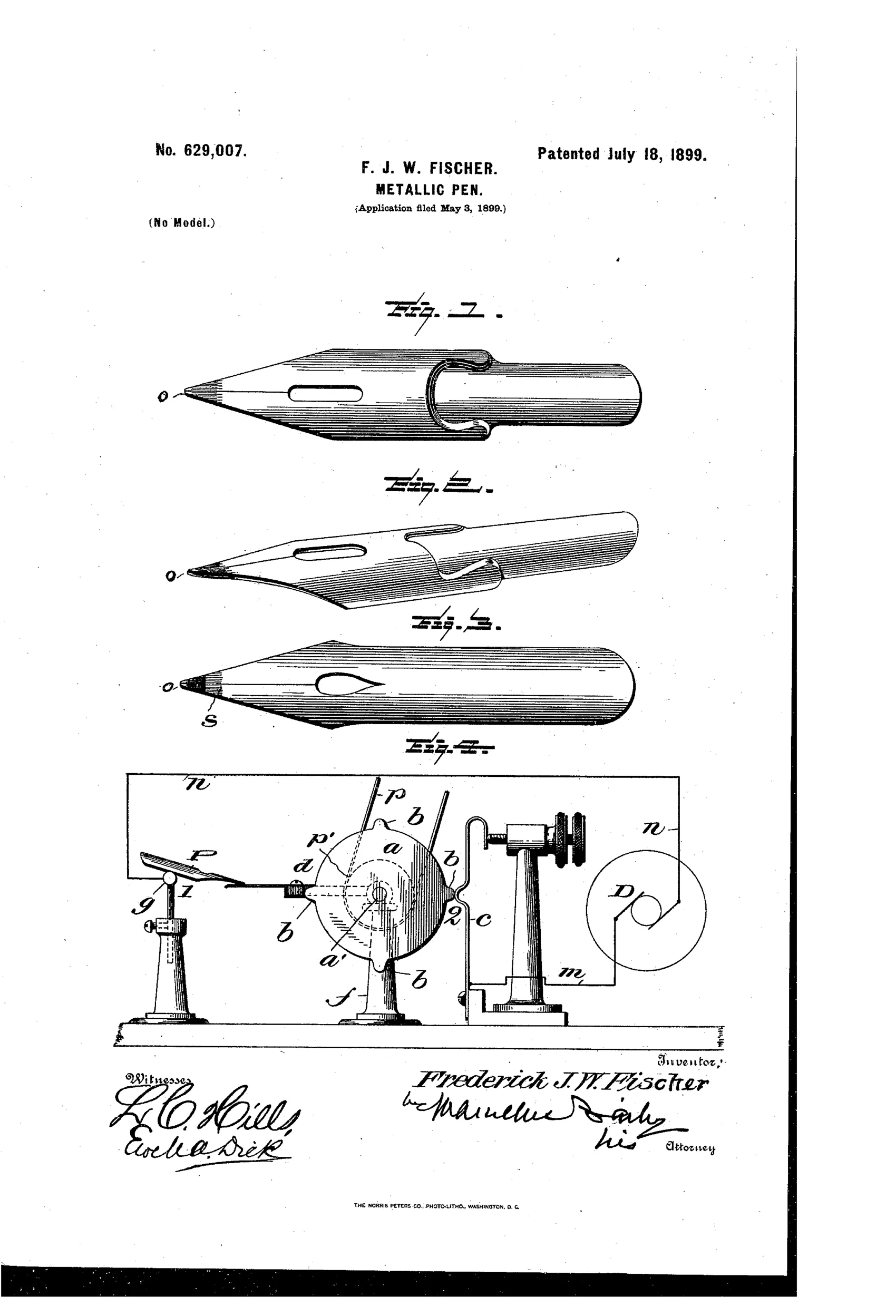 Patent drawing showing three views of a steel dip pen nib with a hardened glass-hard tip, plus a diagrammatic side elevation of an electrical apparatus with a rotating contact disk, dynamo, and support stands used to heat-treat the pen point.