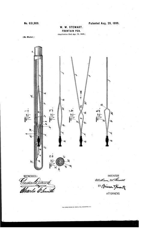 Patent drawing of a fountain pen showing a long hollow barrel in cross-section (Fig.1) with an internal wire skeleton and feeder-bar, plus four smaller side views (Figs. 3-5) of alternate wire-strand skeleton configurations converging into a bow near the nib, and a round cross-section (Fig.2) showing the nested tube and skeleton arrangement.