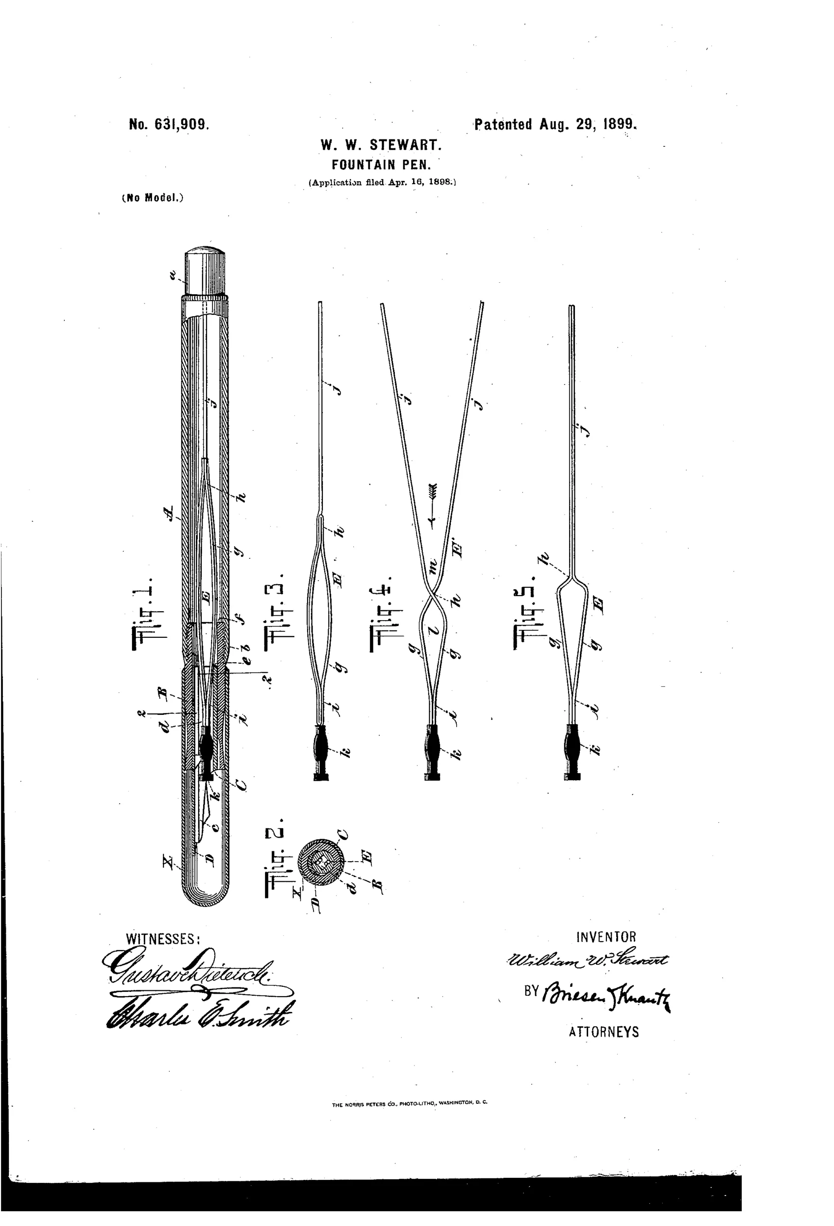 Patent drawing of a fountain pen showing a long hollow barrel in cross-section (Fig.1) with an internal wire skeleton and feeder-bar, plus four smaller side views (Figs. 3-5) of alternate wire-strand skeleton configurations converging into a bow near the nib, and a round cross-section (Fig.2) showing the nested tube and skeleton arrangement.