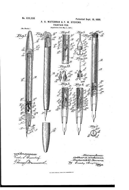 Patent drawing of a hard rubber fountain pen shown in longitudinal section, revealing an internal piston-and-valve pump within the barrel, a threaded end plug, a feed bar leading to the nib, and several detail views of the valve, piston, and pump-actuator mechanisms.