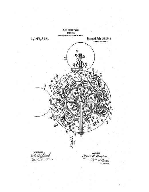 Patent drawing of a rotary syrup-filling machine showing a circular superstructure with an array of numbered gears, cams, and syrup chambers arranged around a central shaft, with a magnified detail of the float-valve assembly above.