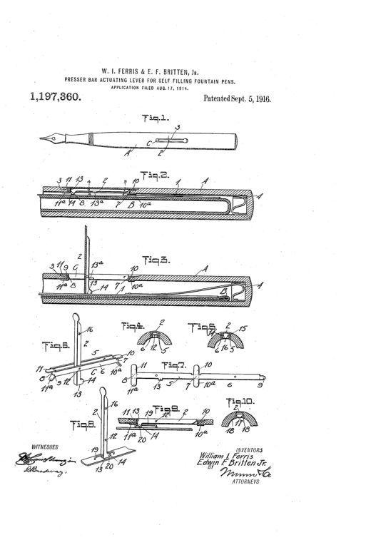 Technical patent drawing showing a fountain pen barrel in longitudinal section with a pivoted lever, presser bar, and ink sack, along with detail views of the lever's frame and locking mechanism.