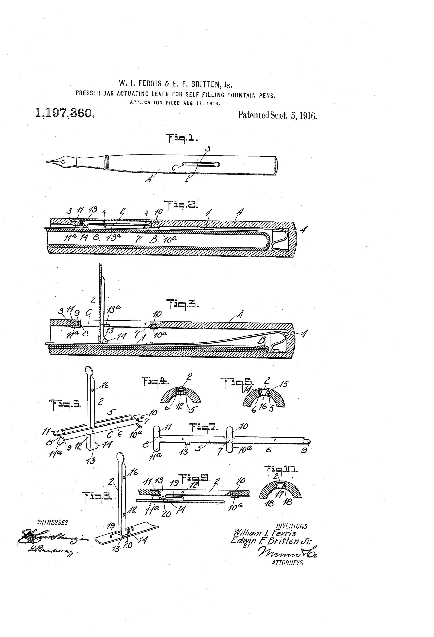 Technical patent drawing showing a fountain pen barrel in longitudinal section with a pivoted lever, presser bar, and ink sack, along with detail views of the lever's frame and locking mechanism.
