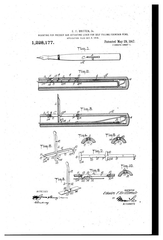 Patent drawing of a fountain pen barrel cutaway showing a hinged lever mounted in a metal box frame that presses a bar to deflate an internal ink sack, with additional detail views of the lever, frame blank, and pivot pin assemblies.
