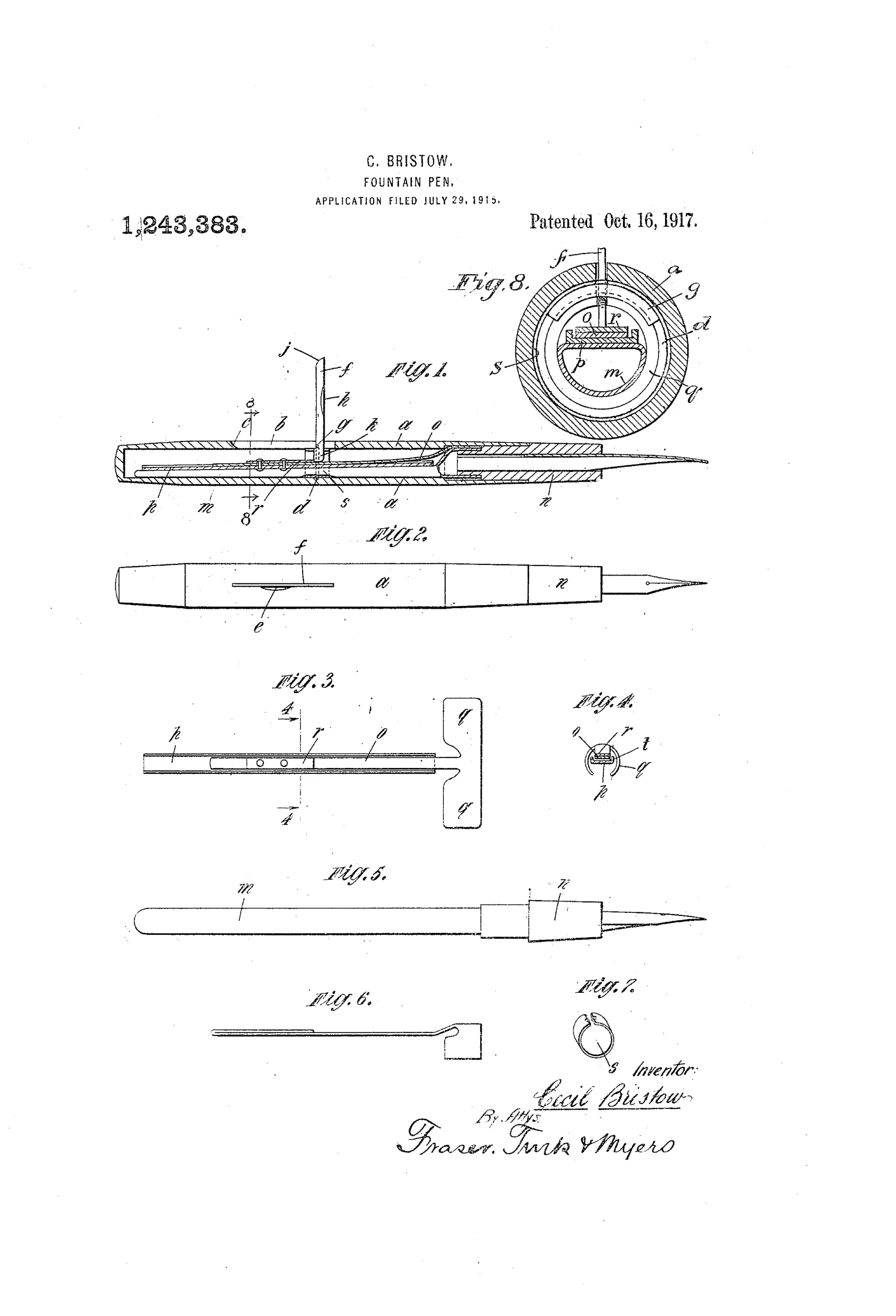 Patent drawing showing a fountain pen barrel in longitudinal section with a pivoting lever, spring, presser plate, and ink bag, alongside a cross-sectional end view and detail views of the spring and collar components.